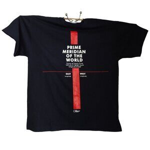 "Prime Meridian " U.K. Black T Shirt Unisex XL 100% Cotton White Text Red Stripe